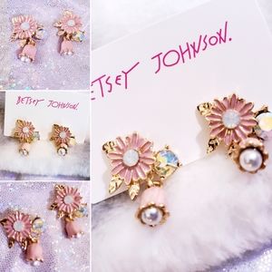 Pink flower Crystal Pearl drop earrings
